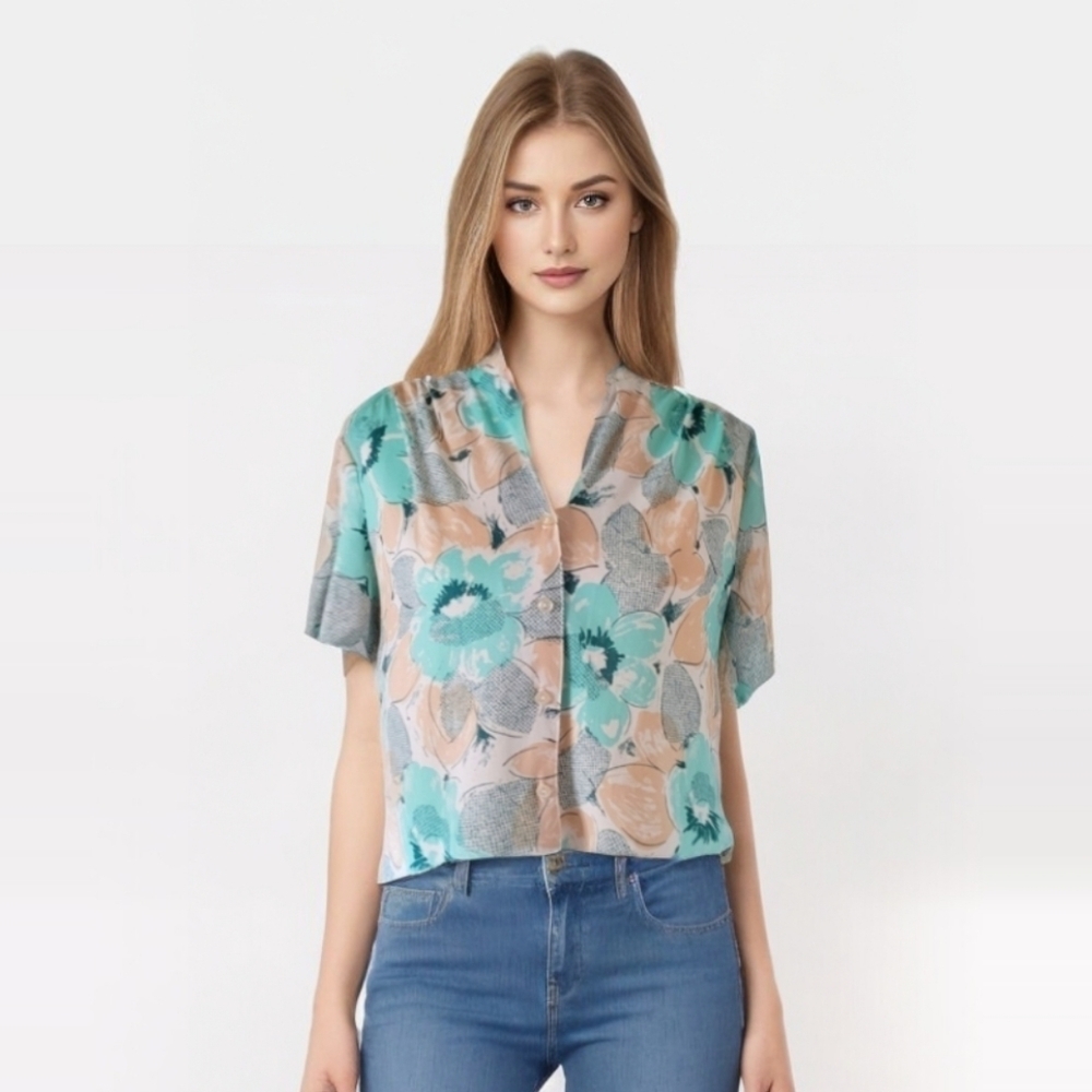 70's Graff Floral Multi Color Short Sleeve Blouse